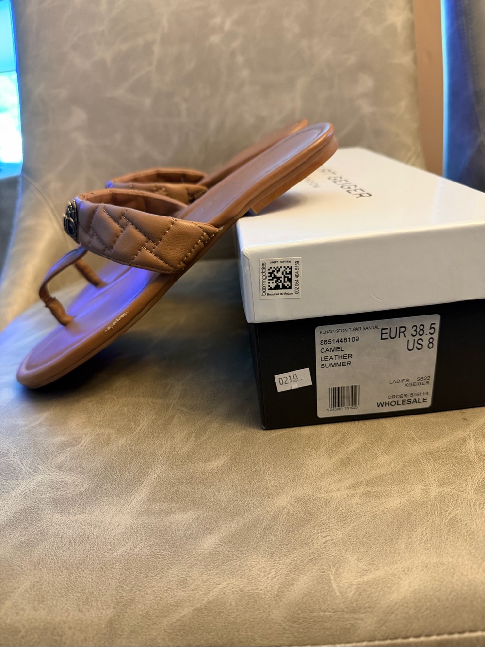 Kurt Geiger Kensington Quilted Leather T-Bar Sandals - Camel - Picture 4 of 5